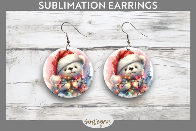 Christmas Bear Entangled in Lights Round Earrings Sublimation Sublimation Sintegra 