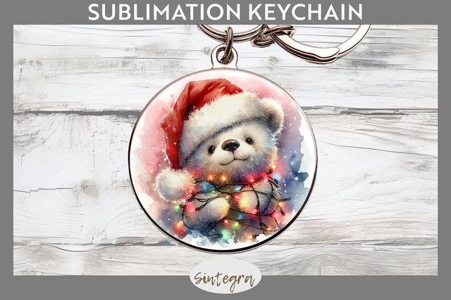 Christmas Bear Entangled in Lights Round Keychain Sublimation Sublimation Sintegra 