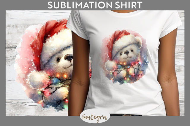 Christmas Bear Entangled in Lights T-shirt Sublimation Sublimation Sintegra 