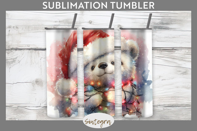 Christmas Bear Entangled in Lights Tumbler Sublimation 20 oz Skinny Sublimation Sintegra 
