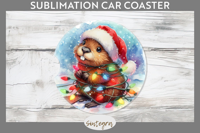 Christmas Beaver Entangled in Lights Car Coaster Sublimation Sublimation Sintegra 