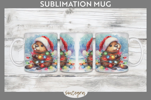Christmas Beaver Entangled in Lights Mug Wrap Sublimation Sublimation Sintegra 