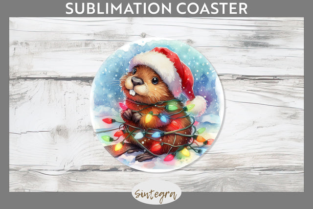 Christmas Beaver Entangled in Lights Round Coaster Sublimation Sublimation Sintegra 