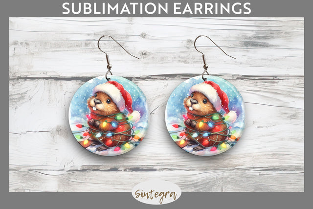Christmas Beaver Entangled in Lights Round Earrings Sublimation Sublimation Sintegra 