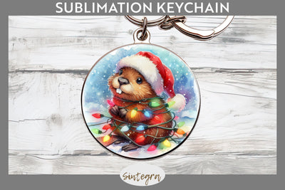 Christmas Beaver Entangled in Lights Round Keychain Sublimation Sublimation Sintegra 