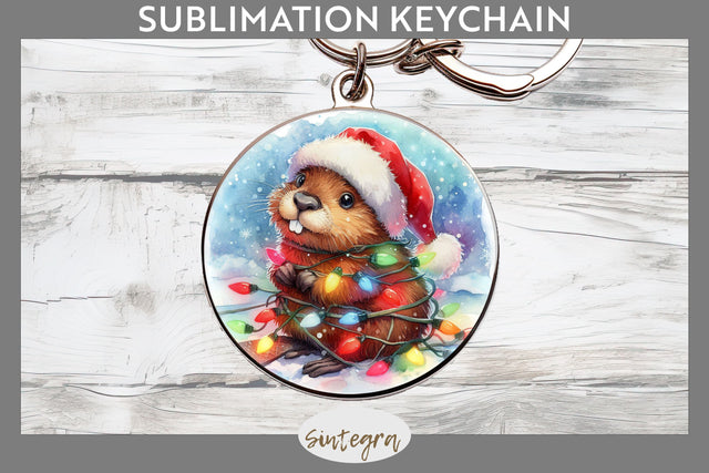 Christmas Beaver Entangled in Lights Round Keychain Sublimation Sublimation Sintegra 