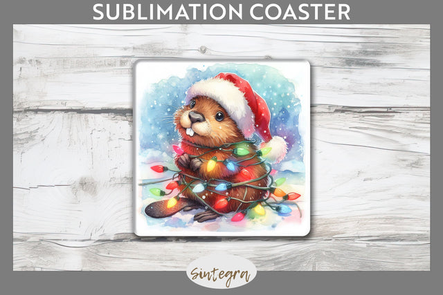 Christmas Beaver Entangled in Lights Square Coaster Sublimation Sublimation Sintegra 