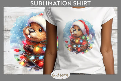 Christmas Beaver Entangled in Lights T-shirt Sublimation Sublimation Sintegra 