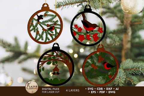 Christmas Birds Bundle, Decorative Ornaments, Laser Cut Templates SVG LaserCutano 