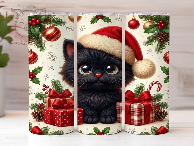 Christmas Black Kitten 20oz Tumbler, Christmas Kitten, Black Kitten, Black Cat Tumbler, Christmas Cat, Kitten Tumbler Wrap, 20oz Tumbler Wrap, Christmas Black Cat Sublimation Lara' s Designs 