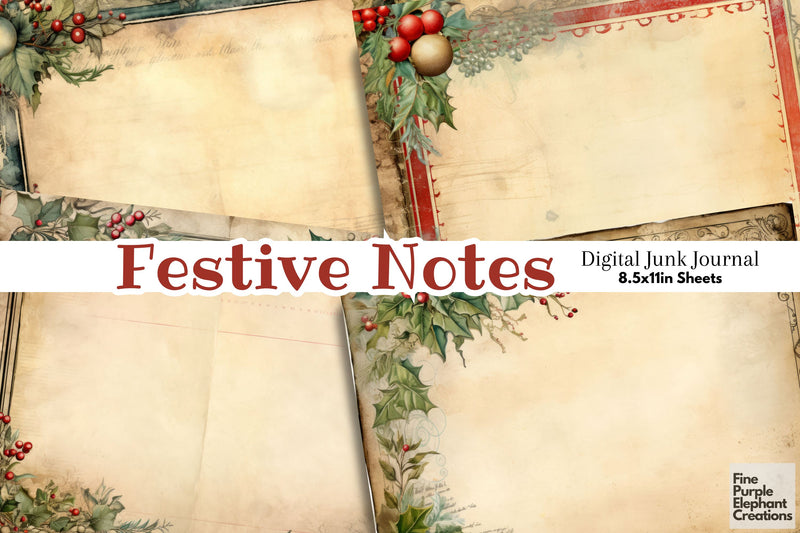 Christmas Blank Note | Junk Journal Digital Pattern Fine Purple Elephant Creations 