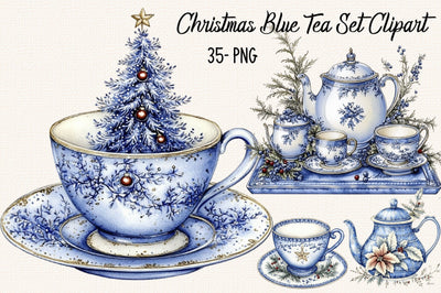 Christmas Blue Tea Set Clipart Bundle. Sublimation SVGArt 
