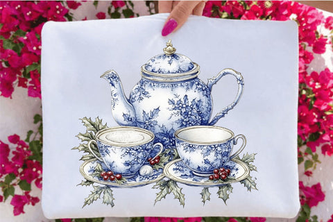 Christmas Blue Tea Set Clipart Bundle. Sublimation SVGArt 