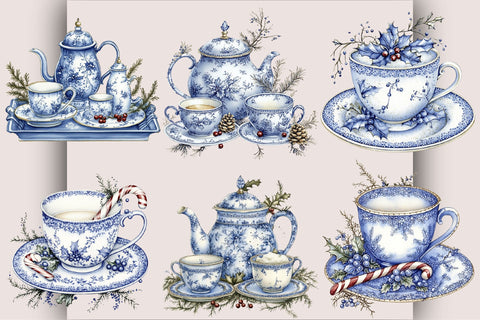 Christmas Blue Tea Set Clipart Bundle. Sublimation SVGArt 