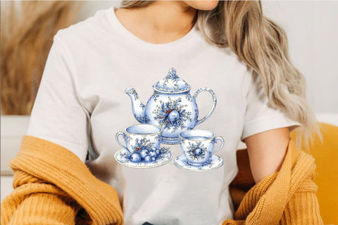 Christmas Blue Tea Set Clipart Bundle. Sublimation SVGArt 