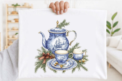Christmas Blue Tea Set Clipart Bundle. Sublimation SVGArt 