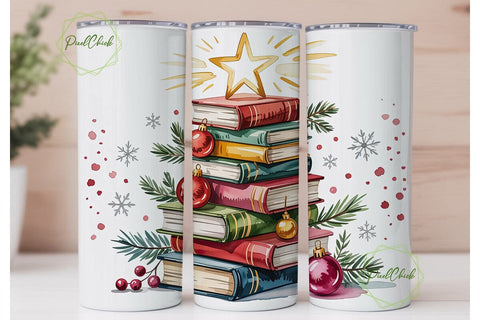 Christmas Book Tree 20oz Tumbler Wrap Sublimation PixelChick 