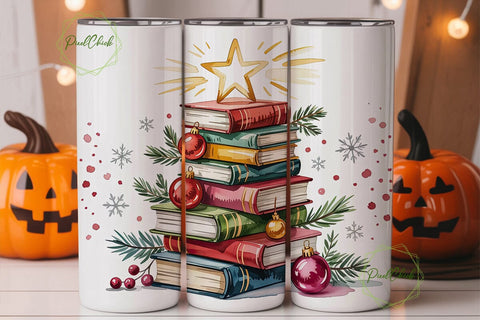 Christmas Book Tree 20oz Tumbler Wrap Sublimation PixelChick 