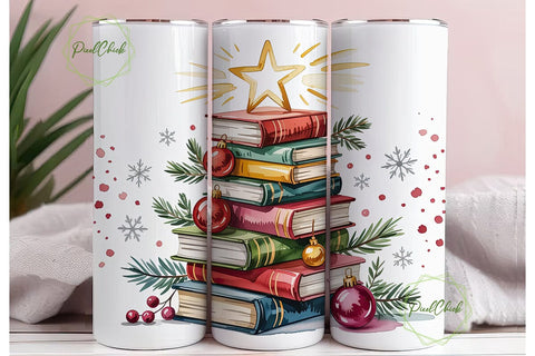 Christmas Book Tree 20oz Tumbler Wrap Sublimation PixelChick 