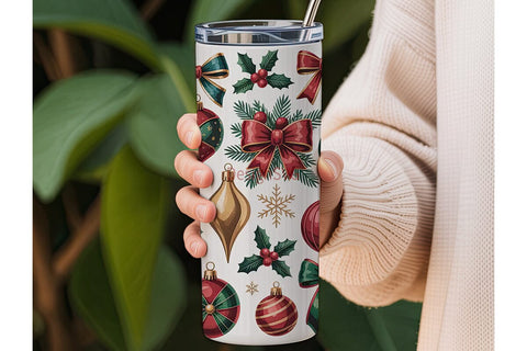 Christmas Bows & Ornaments Tumbler Wrap Sublimation DesignSVG 