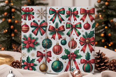 Christmas Bows & Ornaments Tumbler Wrap Sublimation DesignSVG 