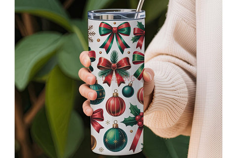 Christmas Bows & Ornaments Tumbler Wrap Sublimation DesignSVG 