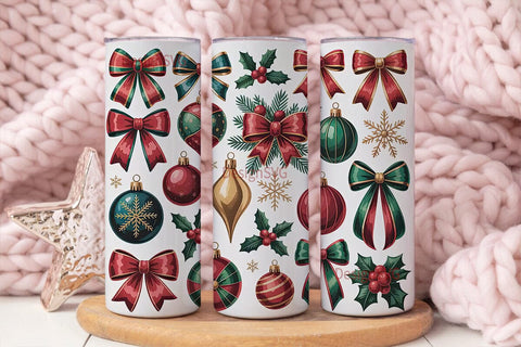 Christmas Bows & Ornaments Tumbler Wrap Sublimation DesignSVG 