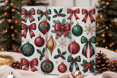 Christmas Bows & Ornaments Tumbler Wrap Sublimation DesignSVG 