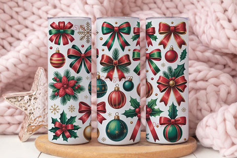 Christmas Bows & Ornaments Tumbler Wrap Sublimation DesignSVG 