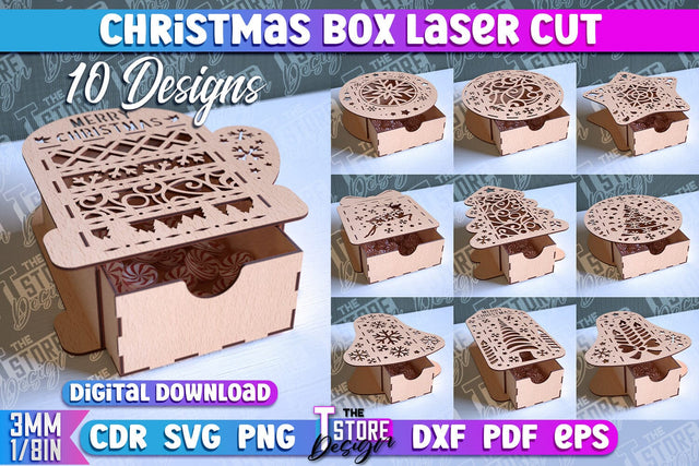 Christmas Box Laser Cut Bundle | Christmas Ornament | Gift Box | CNC File SVG The T Store Design 