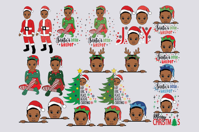 Christmas Boys Clipart Bundle | 11 Black Boy Holiday Designs with Santa Hats, Elves, Reindeer and Festive Poses SVG 1uniqueminute 