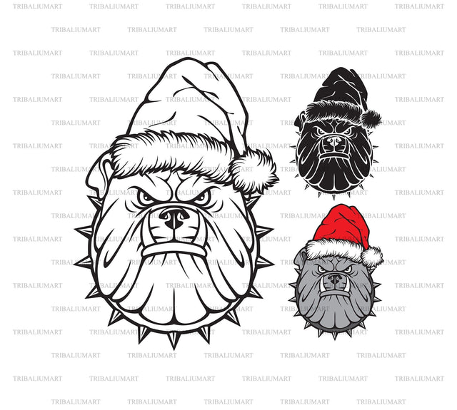 Christmas bulldog head with Santa hat. New Year design. SVG TribaliumArtSF 