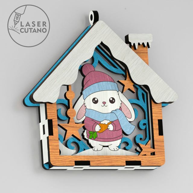🎄 Christmas Bunny Ornament – House Shape Laser Cut SVG File SVG LaserCutano 