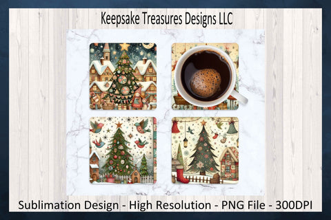 Christmas Calico Square Coasters Set #1 Holiday Sublimation Png, Digital Download Sublimation Keepsake Treasures Designs LLC. 