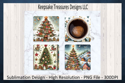 Christmas Calico Square Coasters Set #2 Holiday Home Decor, Sublimation Png Sublimation Keepsake Treasures Designs LLC. 