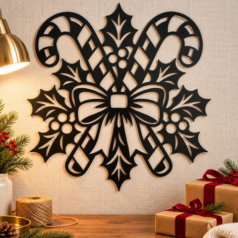 Christmas Candy Cane Laser SVG | Crossed Candy Canes DXF | Holly Bow Metal Wall Art | Holiday Plasma CNC Cutting File SVG HappyDesignStudio 