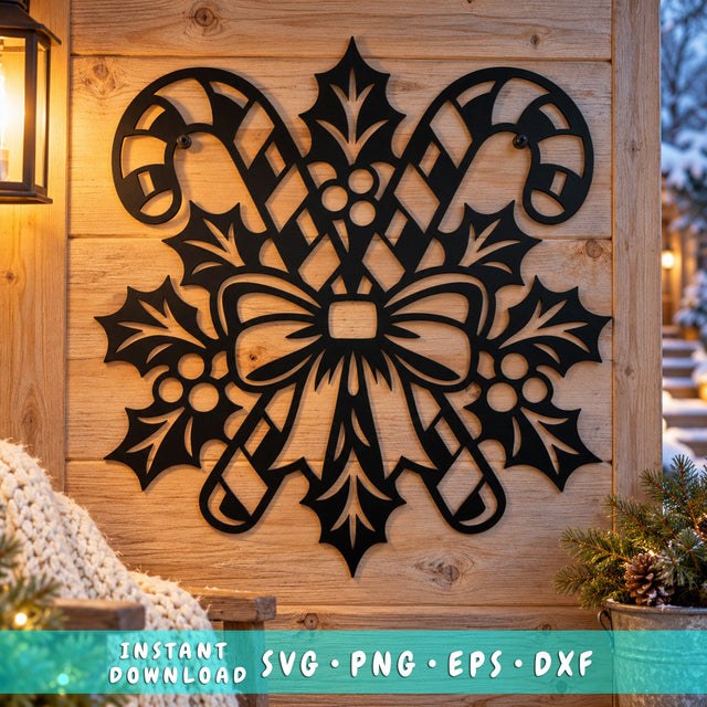 Christmas Candy Cane Laser SVG | Crossed Candy Canes DXF | Holly Bow Metal Wall Art | Holiday Plasma CNC Cutting File SVG HappyDesignStudio 