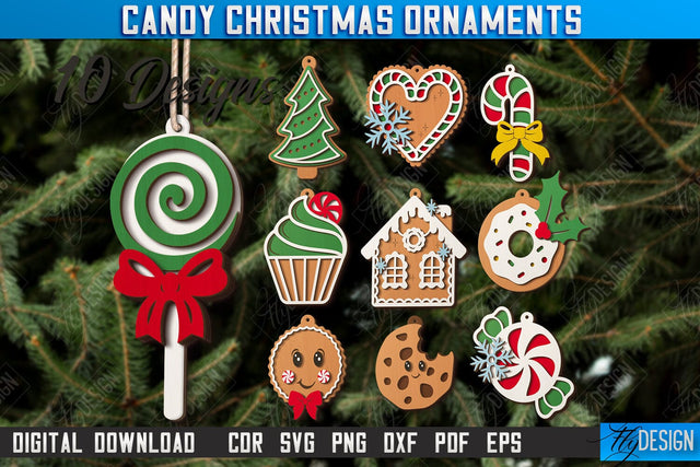 Christmas Candy Ornament Laser Cut Bundle, Wooden Ornaments, Christmas Tree Decorations, Christmas Tree Toys SVG, Gingerbread Ornament, Xmas Cokie Ornament SVG SVG Fly Design 