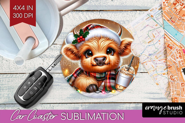 Christmas Car Coaster PNG - Highland Cow Coaster Sublimatoin Sublimation OrangeBrushStudio 