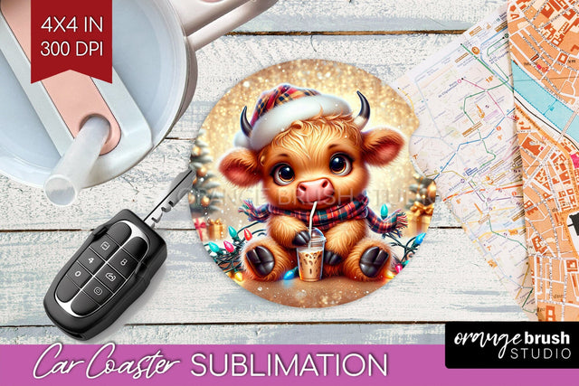 Christmas Car Coaster PNG - Highland Cow Coaster Sublimatoin Sublimation OrangeBrushStudio 