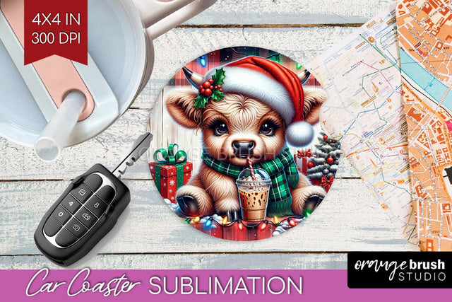 Christmas Car Coaster PNG - Highland Cow Coaster Sublimatoin Sublimation OrangeBrushStudio 