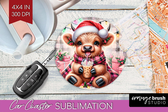 Christmas Car Coaster PNG - Highland Cow Coaster Sublimatoin Sublimation OrangeBrushStudio 