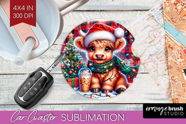 Christmas Car Coaster PNG - Highland Cow Coaster Sublimatoin Sublimation OrangeBrushStudio 