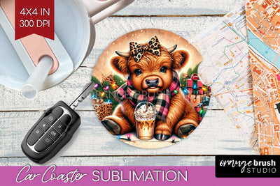 Christmas Car Coaster PNG - Highland Cow Coaster Sublimatoin Sublimation OrangeBrushStudio 