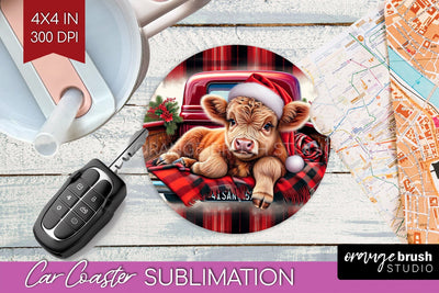 Christmas Car Coaster PNG - Highland Cow Coaster Sublimatoin Sublimation OrangeBrushStudio 