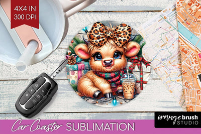 Christmas Car Coaster PNG - Highland Cow Coaster Sublimatoin Sublimation OrangeBrushStudio 