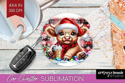 Christmas Car Coaster PNG - Highland Cow Coaster Sublimatoin Sublimation OrangeBrushStudio 