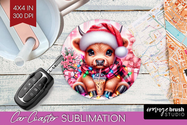 Christmas Car Coaster PNG - Highland Cow Coaster Sublimatoin Sublimation OrangeBrushStudio 