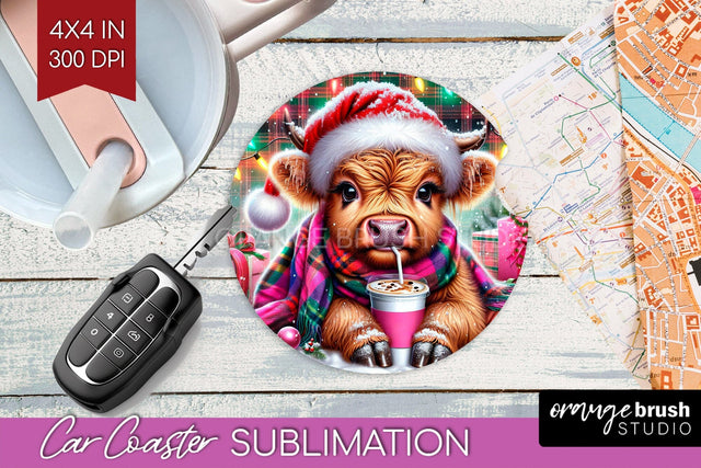 Christmas Car Coaster PNG - Highland Cow Coaster Sublimatoin Sublimation OrangeBrushStudio 