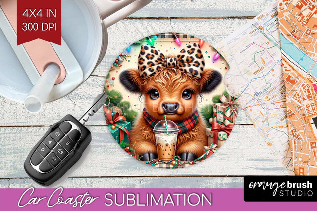 Christmas Car Coaster PNG - Highland Cow Coaster Sublimatoin Sublimation OrangeBrushStudio 